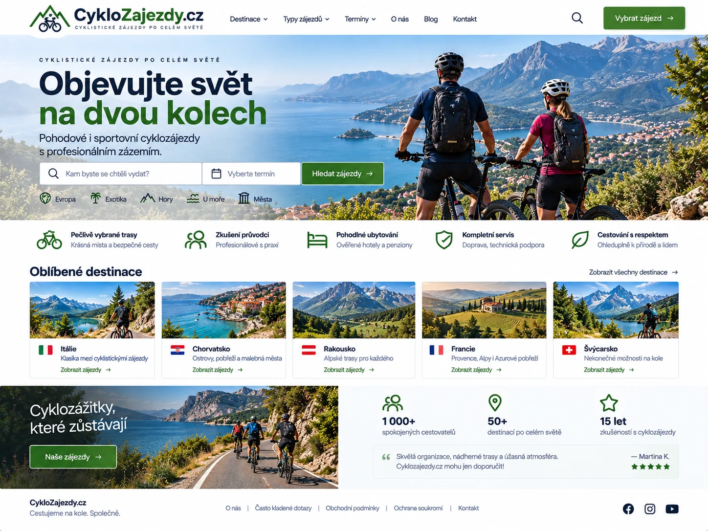 Ilustrační návrh webu CykloZajezdy.cz s nabídkou organizovaných cyklistických cest